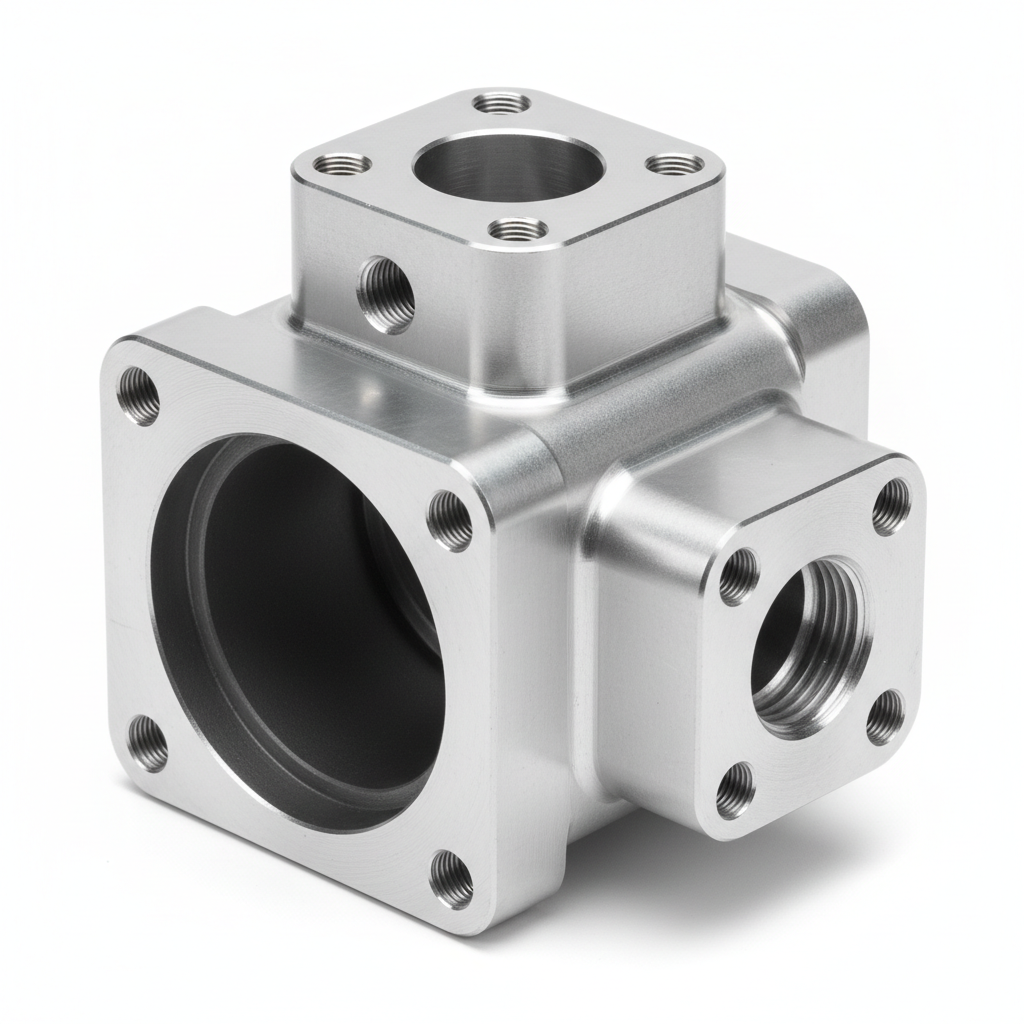 Hydraulic Pump Housing 7075-T6 Aluminum Hard Anodized — 3/4 above studio shot showing port faces, anodized bore, and hex flats