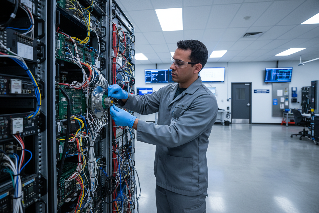 Defense technician in ESD-safe gloves hand-tightening a circular connector coupling ring on an avionics rack panel with shielded cable bundles in background