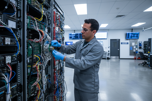 Defense technician in ESD-safe gloves hand-tightening a circular connector coupling ring on an avionics rack panel with shielded cable bundles in background