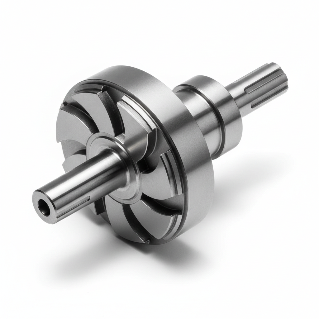 Aerospace Fuel Pump Rotor Assembly Ti-6Al-4V 17-4 PH Stainless — 3/4 isometric studio shot showing titanium rotor body, SS drive shaft, and precision vane slots