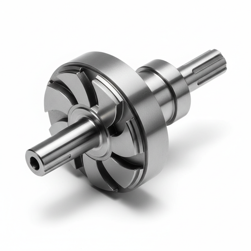 Aerospace Fuel Pump Rotor Assembly Ti-6Al-4V 17-4 PH Stainless — 3/4 isometric studio shot showing titanium rotor body, SS drive shaft, and precision vane slots