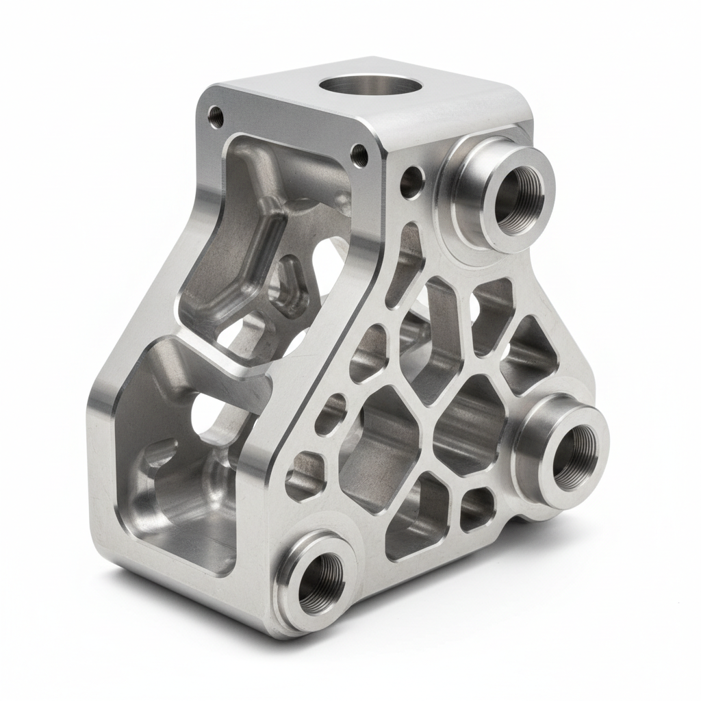 Flight-Critical Structural Bracket Ti-6Al-4V Titanium 5-Axis CNC Milled — studio shot showing complex pocket geometry, interface bores, and lightening pockets