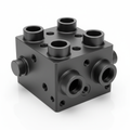 Hydraulic System Manifold Block 7075-T6 Aluminum Hard Anodized — above-diagonal studio shot showing SAE port boss pattern and hard anodized exterior