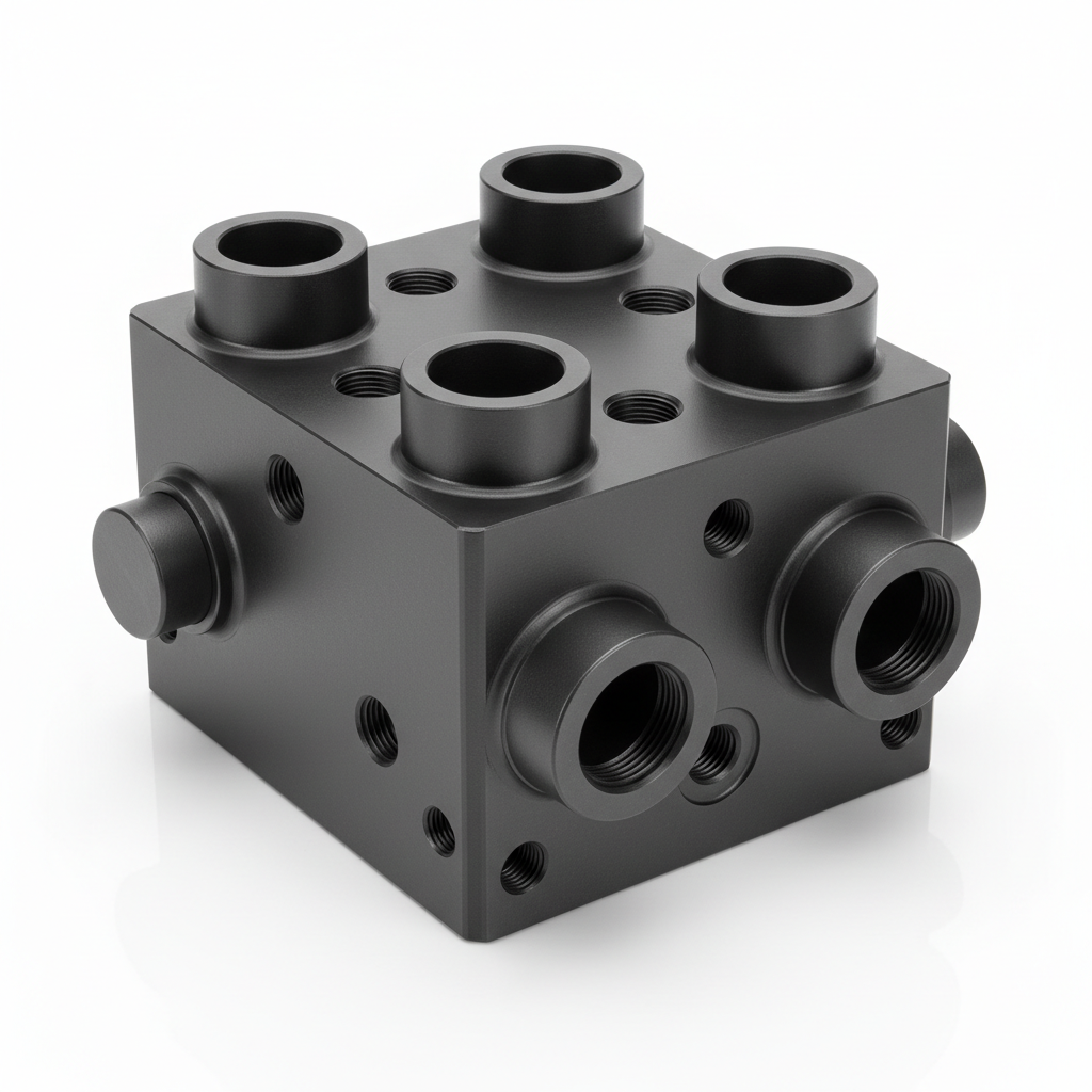 Hydraulic System Manifold Block 7075-T6 Aluminum Hard Anodized — above-diagonal studio shot showing SAE port boss pattern and hard anodized exterior