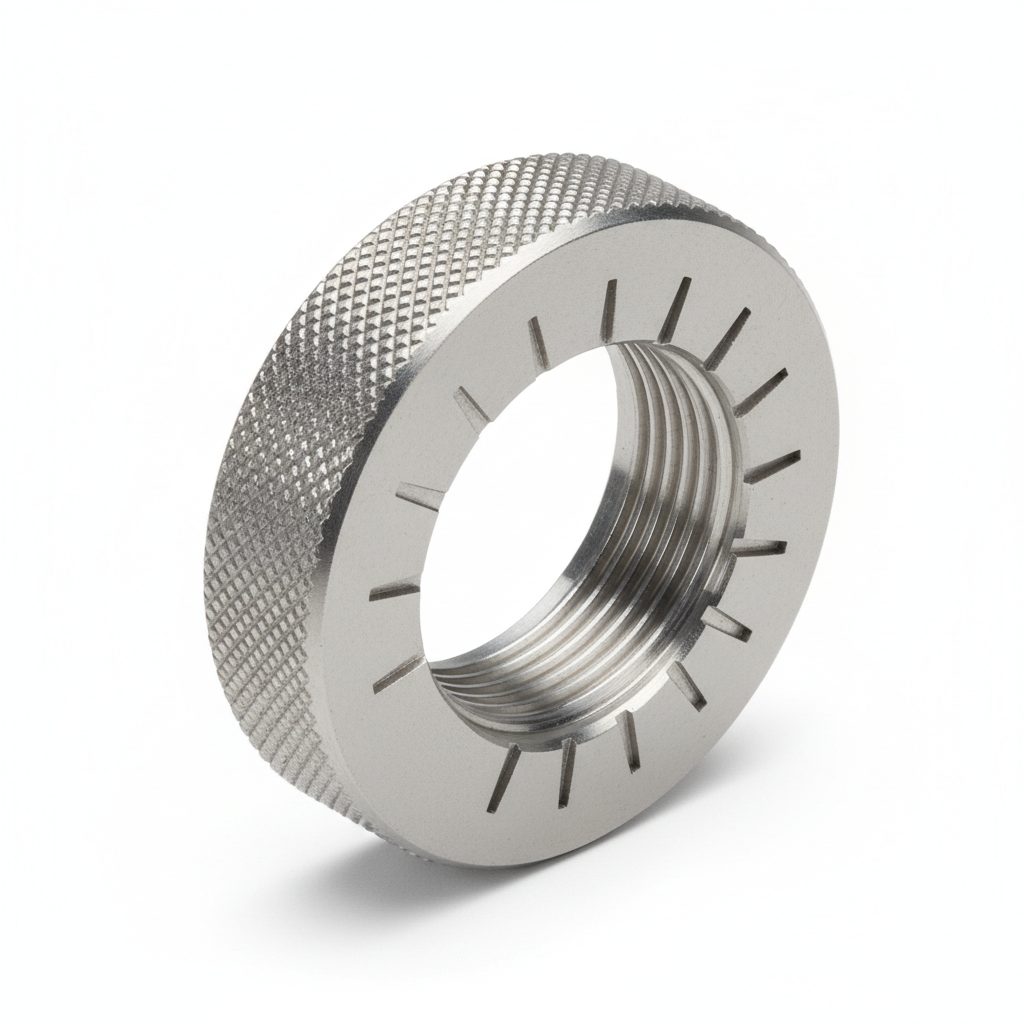 MIL-DTL-38999 Series III Coupling Ring 2024-T4 Aluminum Electroless Nickel — isometric studio shot showing knurled OD, ratchet teeth, and internal thread