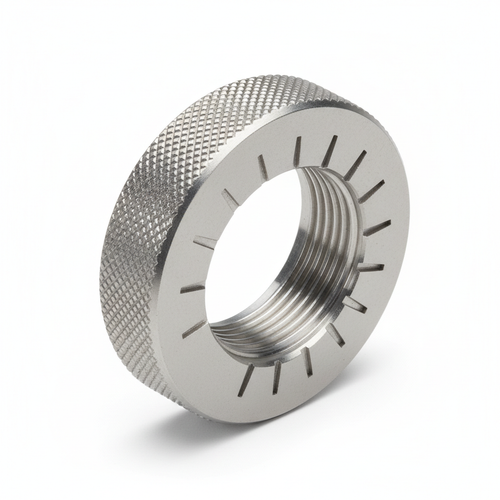 MIL-DTL-38999 Series III Coupling Ring 2024-T4 Aluminum Electroless Nickel — isometric studio shot showing knurled OD, ratchet teeth, and internal thread