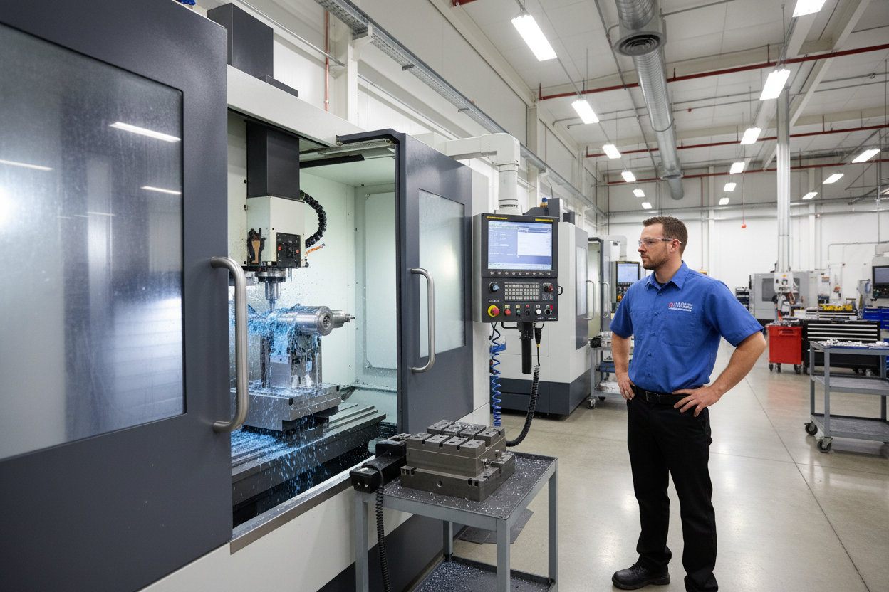 5-axis HAAS UMC-750 CNC machining center producing a receptacle shell from billet aluminum with blue coolant mist and CNC operator monitoring control screen in background