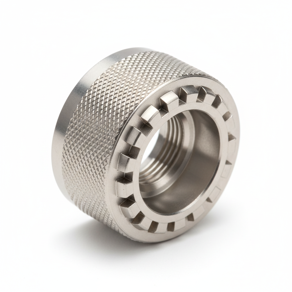 MIL-DTL-38999 Series III precision-machined aluminum coupling ring in 3/4 isometric view showing knurled outer grip, internal thread form, and anti-decoupling ratchet teeth on white background
