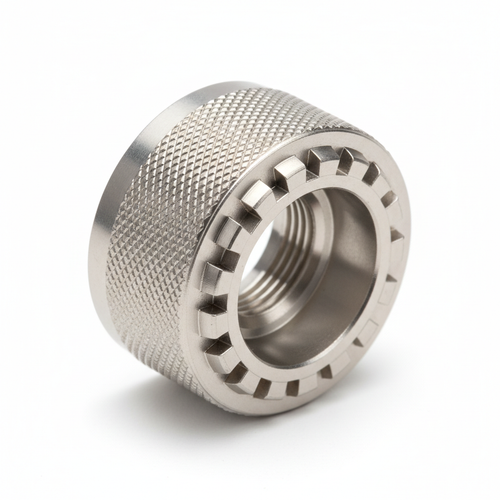MIL-DTL-38999 Series III precision-machined aluminum coupling ring in 3/4 isometric view showing knurled outer grip, internal thread form, and anti-decoupling ratchet teeth on white background