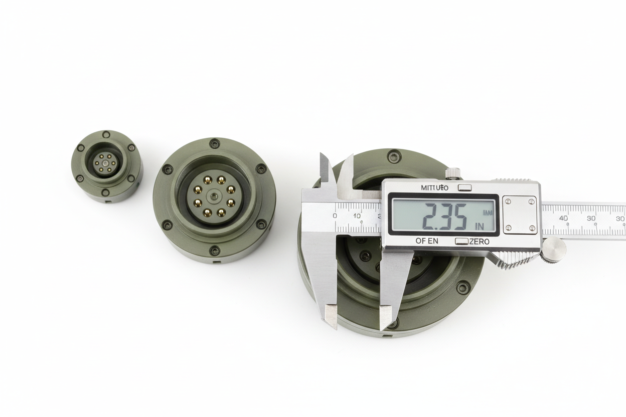 Family of three precision-machined aerospace receptacle connector shells in Size 8, 16, and 28 with cadmium plating and olive drab chromate finish, arranged diagonally with a digital caliper on white background