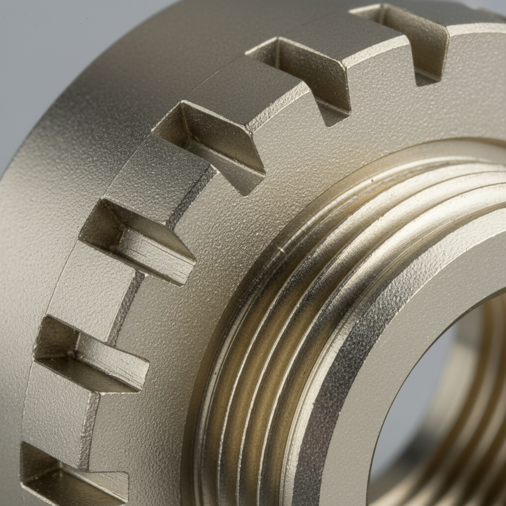 Macro close-up of anti-decoupling ratchet tooth geometry, thread lead-in chamfer, and electroless nickel plating surface finish on MIL-DTL-38999 coupling ring